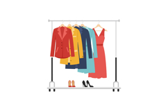Colorful dresses and jackets hanging on a clothing rack disp Product Image 1