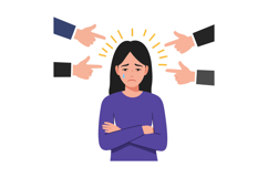 Sad woman with crossed arms surrounded by pointing hands exp Product Image 1