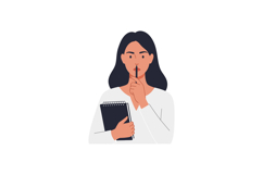 Woman with finger on lips holding a notebook in a quiet pose Product Image 1