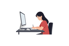 Young woman sitting at desk writing notes while using comput Product Image 1
