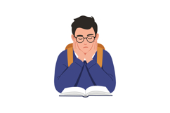 Student with backpack looking bored while reading a textbook Product Image 1
