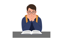 Student with glasses appears bored while reading a book at a Product Image 1