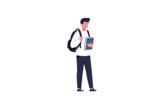Young man with backpack holding a tablet in a cheerful pose Product Image 1