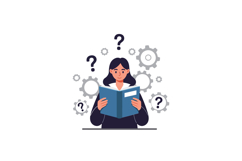 Woman reading book surrounded by gears and question marks in Product Image 1