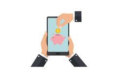 Hand placing coin into smartphone displaying piggy bank grap Product Image 1