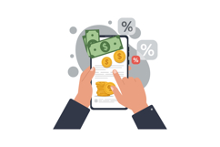 Hands interacting with smartphone displaying money and finan Product Image 1