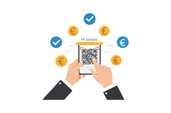 Hands holding smartphone scanning QR code surrounded by curr Product Image 1