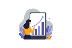 Woman pointing at smartphone screen displaying rising financ Product Image 1