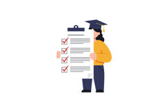 Student wearing graduation cap holding checklist with comple Product Image 1
