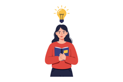 Woman holding a book with a light bulb above her head Product Image 1