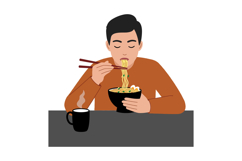 Man enjoying a bowl of noodles with chopsticks and a cup of Product Image 1