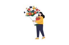Woman smiling while holding a bouquet of flowers and a gift Product Image 1