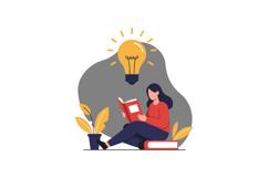 Woman reading a book with a light bulb above her head Product Image 1