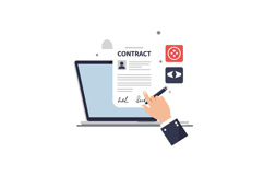 Hand signing contract document on laptop with digital icons Product Image 1