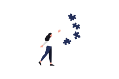 Woman reaching for falling puzzle pieces in a minimalist sty Product Image 1