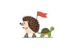 Hedgehog wearing roller skates pulling turtle with red flag Product Image 1