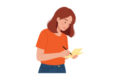Young woman writing on paper in casual orange shirt and blue Product Image 1