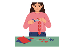 Woman crafting red paper hearts for decoration with scissors Product Image 1