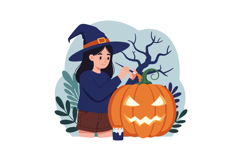 Girl in witch hat painting Halloween pumpkin jack o lantern Product Image 1