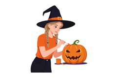 Girl in witch hat painting Halloween pumpkin with orange shi Product Image 1