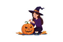 Girl in witch costume painting carved pumpkin for Halloween Product Image 1