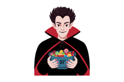 Vampire holding bowl of colorful Halloween candy treats for Product Image 1