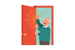 Elderly Man Removing Large Spider Web from Door Frame Vector Product Image 1