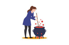 Woman stirring bubbling red potion in large black cauldron v Product Image 1