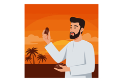 Man holding date palm fruits sunset background vector illust Product Image 1