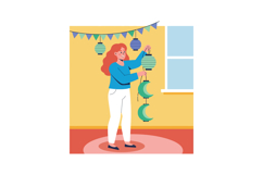 Woman hanging paper lanterns for festive decoration in brigh Product Image 1