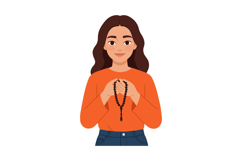 Woman holding prayer beads with orange sweater and blue jean Product Image 1