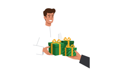 Man Receiving Green and Yellow Gift Boxes Presenting Generou Product Image 1