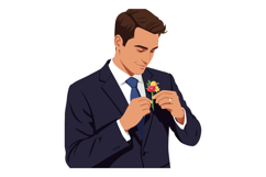 Groom adjusting pink rose boutonniere on navy blue suit for Product Image 1