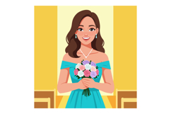 Smiling woman in turquoise dress holding colorful rose bouqu Product Image 1