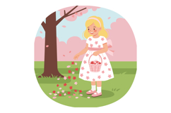Little girl picking flowers in pink spring garden with baske Product Image 1