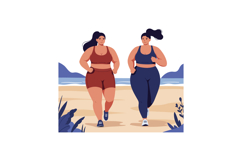 Two women jogging on beach in navy and brown activewear duri Product Image 1