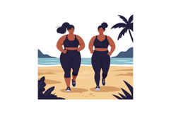 Two plus size women jogging on beach with palm tree and ocea Product Image 1