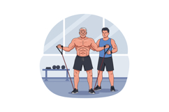 Muscular mature man exercising with resistance bands and you Product Image 1