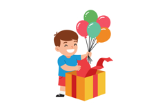 Boy holding colorful balloons coming out of gift box cheerfu Product Image 1