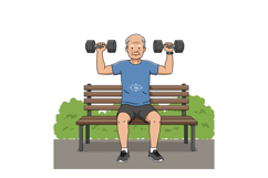 Elderly man exercising with dumbbells on park bench fitness Product Image 1