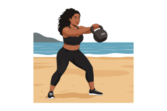 Woman exercising with kettlebell on beach wearing black work Product Image 1
