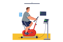 Overweight man exercising on stationary bike with heart moni Product Image 1