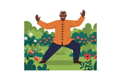 Elderly man practicing tai chi in garden with green and red Product Image 1