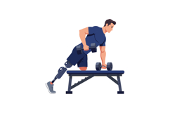 Man with prosthetic leg exercising with dumbbells on bench f Product Image 1