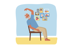 Elderly Man Doing Chair Stretching Exercise in Home Interior Product Image 1