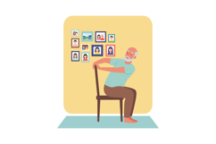 Elderly man performing seated exercise at home with family p Product Image 1
