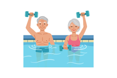 Elderly Couple Exercising with Dumbbells in Swimming Pool fo Product Image 1