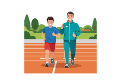 Two males jogging together on outdoor track in park setting Product Image 1