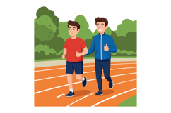 Two young men jogging together on outdoor running track with Product Image 1