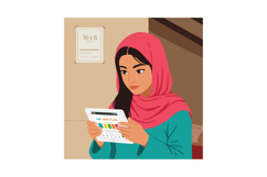 Young woman reading digital tablet with red headscarf in ind Product Image 1